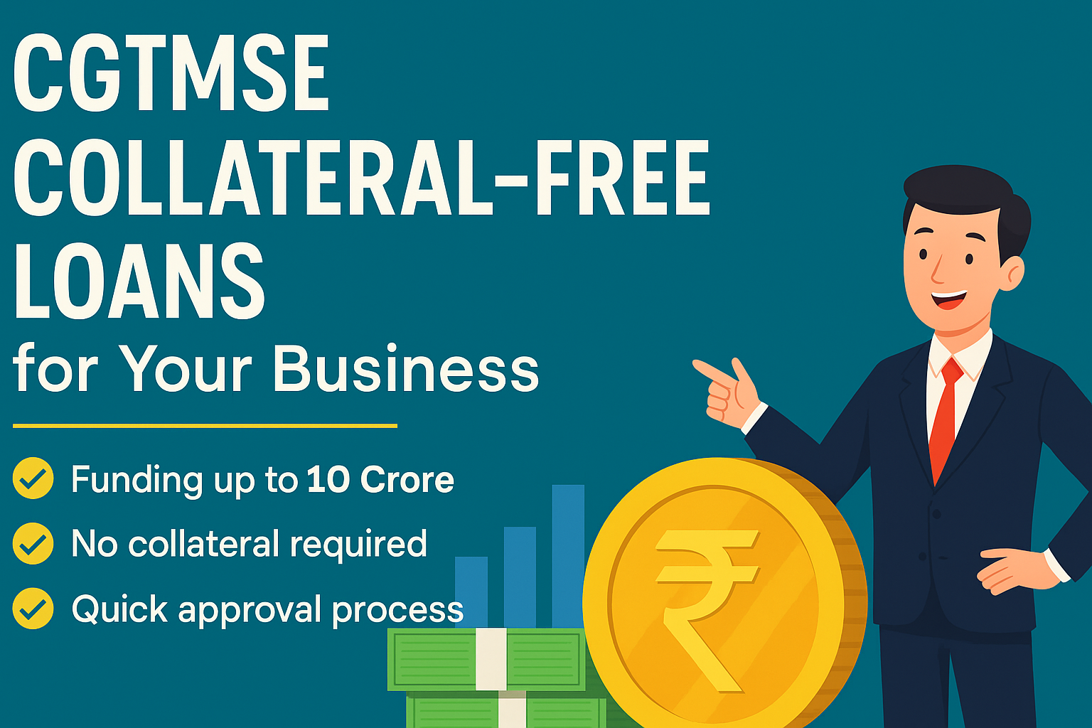 Promotional banner for CGTMSE collateral-free business loans by Jessica Fincorp. Highlights ₹10 crore funding, no collateral required, and quick approval process for MSMEs in India.